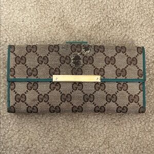 Vintage Gucci GG Canvas Continental Wallet with Teal Leather Trim